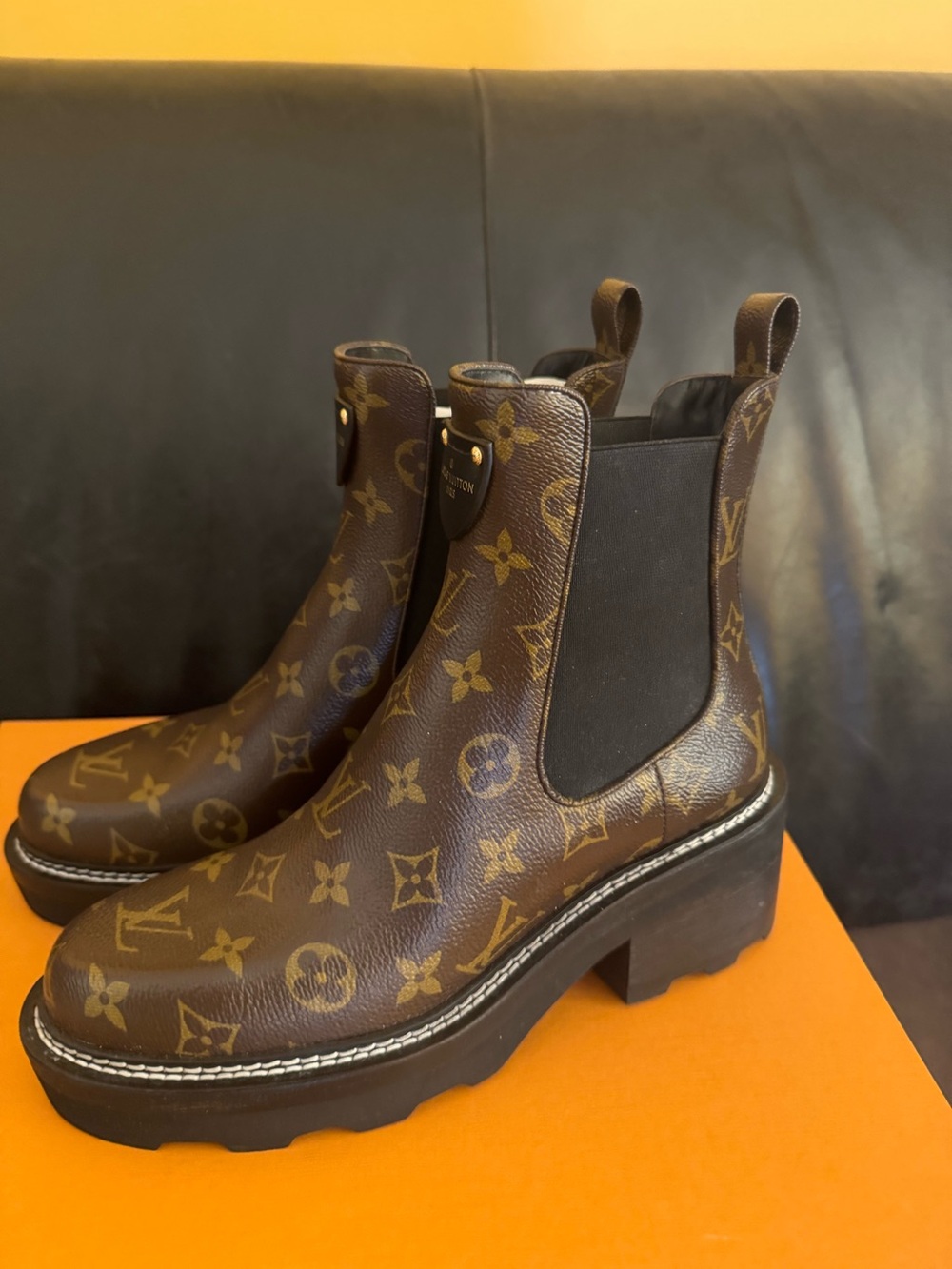 Louis Vuitton Monogram Chelsea Lug Sole Ankle Boots in Brown